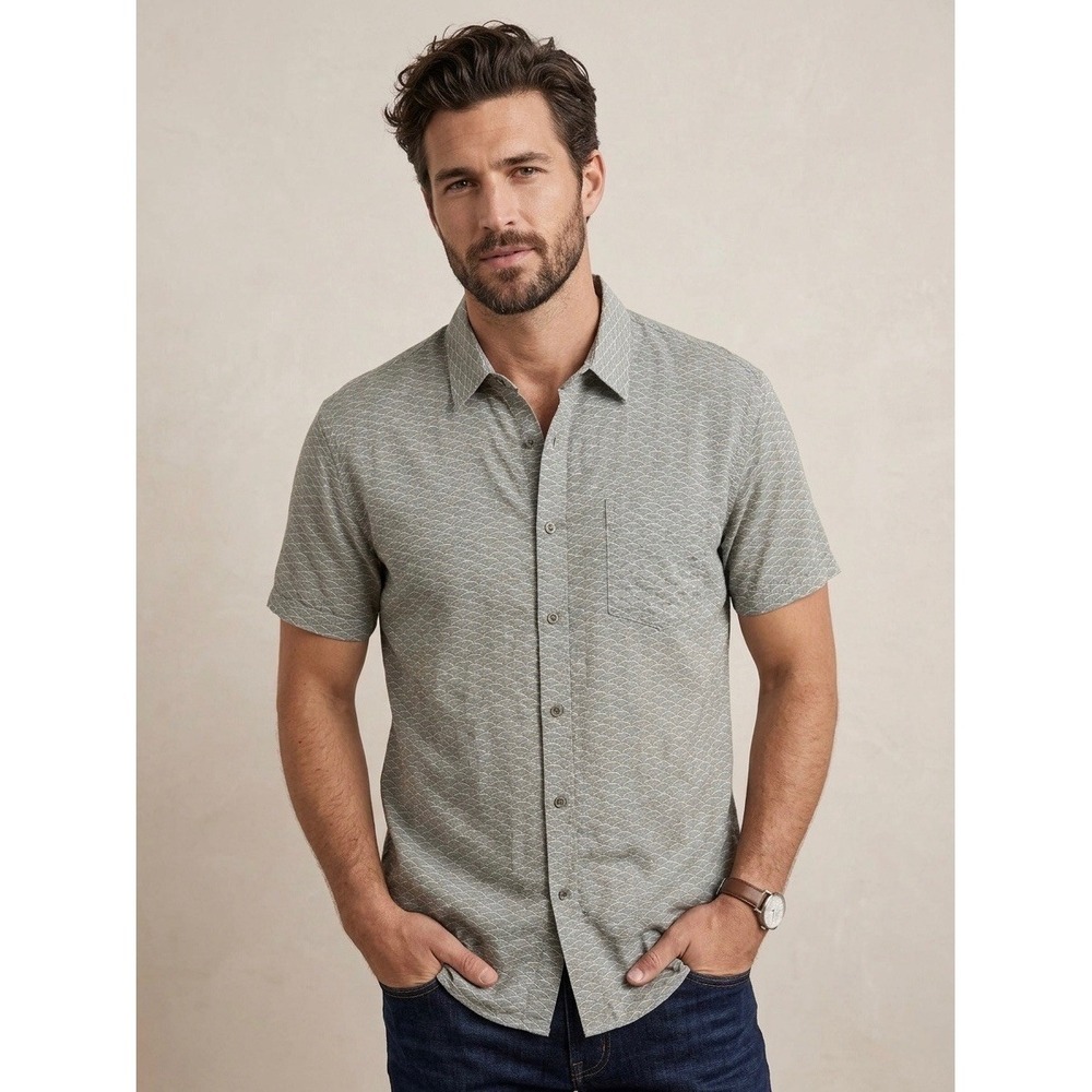 Rails Carson Hama Wave Olive Linen Blend Short Sleeve Button Down Shirt Large